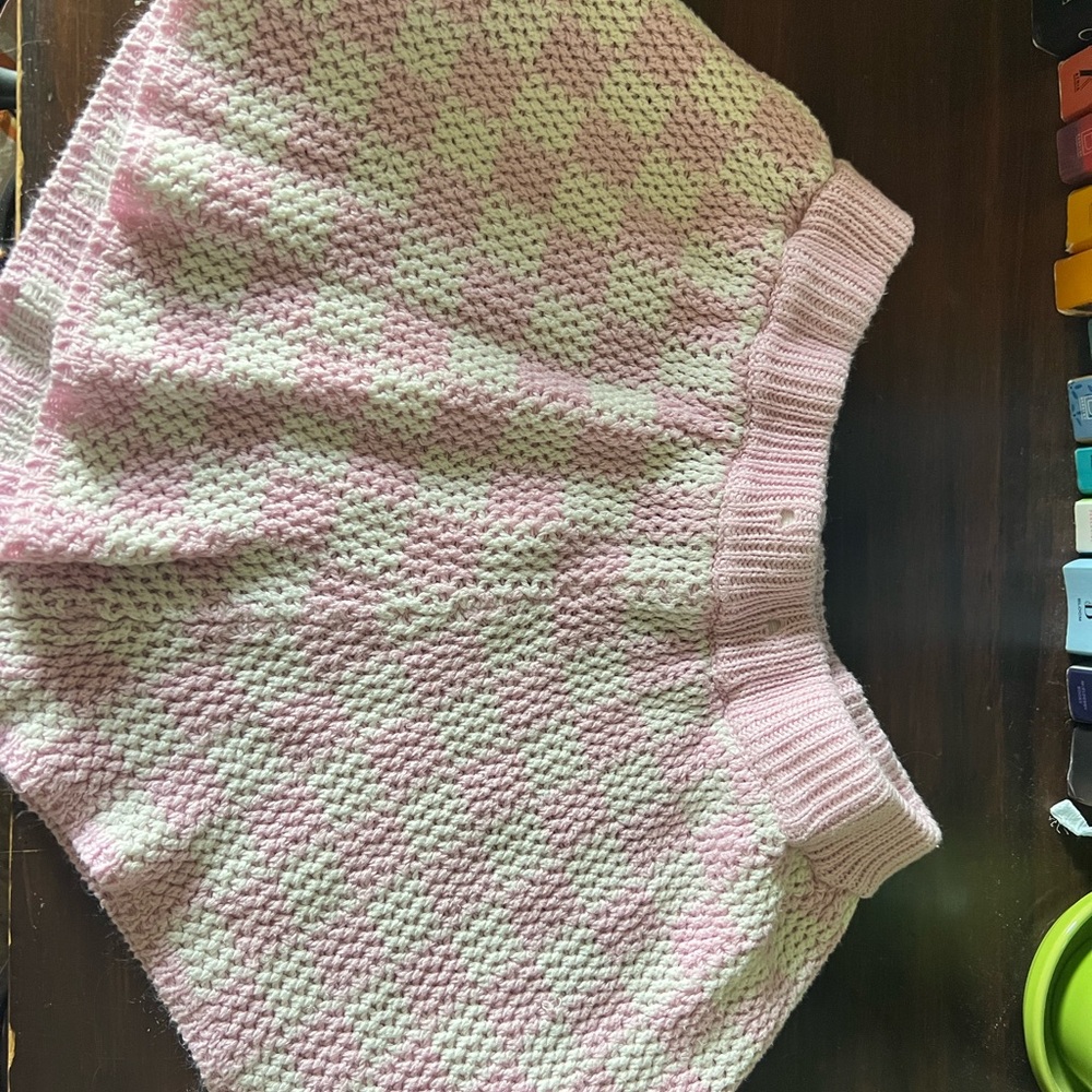Pink and White Checkered Women Sweater Shorts